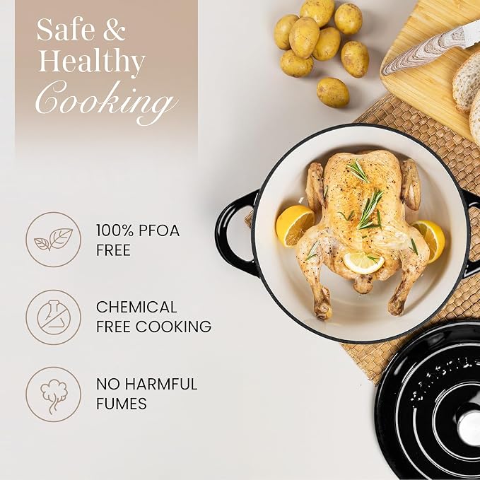 Cast Iron Dutch Oven with Lid-Non-Stick Ovenproof Enamelled Casserole Pot- Sturdy Dutch Oven Cookware - Black, 7.3- Quart, 30cm- by Nuovva