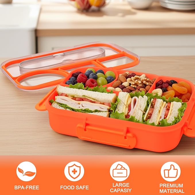 Bento Box for Adults, 4 Compartments Lunch Box, Lunch Containers, Orange