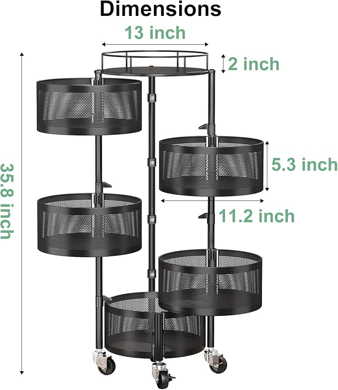 SAYZH 5 Tier Fruit Vegetable Basket Stand for Kitchen, Rotating, Black | Rolling Storage Cart with top lid, Large Metal Wire Rack for Potato and Onion Storage