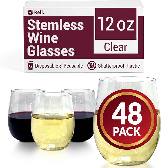 Reli. Disposable Wine Glasses (48 Pack, 12oz) | Clear | Stemless, Shatterproof | Plastic Stemless Wine Glasses Disposable | Parties, Cocktails, Whiskey, Weddings