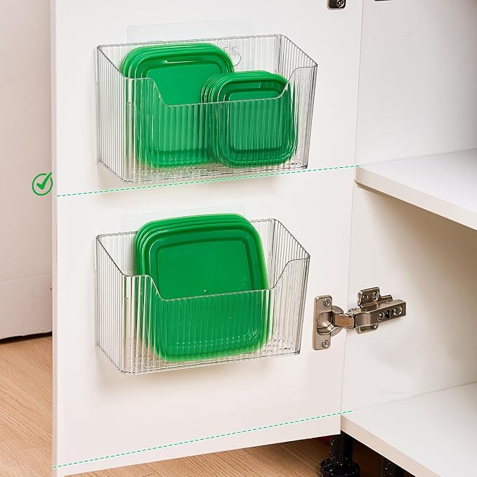 Sinnsally 2 Pack Cabinet Door Organizer,Self Adhesive Lid Organizer Inside Cabinet Storage Boxes,Stackable Hanging Basket Bins Wall Mounted Shower Caddy Holder for Kitchen,Bathroom,Pantry(Clear White)