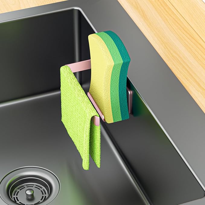 Sponge Holder for Kitchen Sink, Adhesive Dishcloth Holder, Dish Sponge Kitchen Sink Caddy 2 In 1, Metal Dishcloth Racks Sink for Dishcloths, Sponges, Brushes and Glove (Rose Gold)