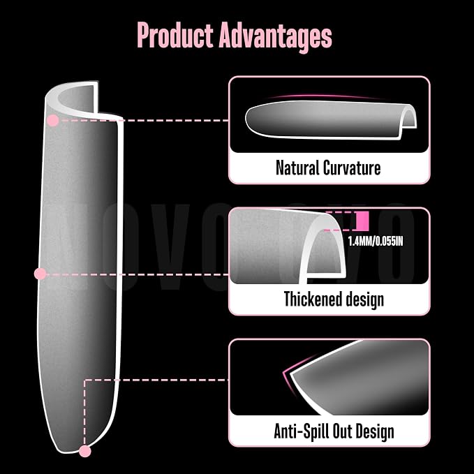 NOVO OVO Sharp Square Medium Nail Tips Press on, Natural (Not Sculpted) No C Curve Soft Gel Double Matte Clear Fake Nail Extension,Full Cover False Nails for Salon DIY Manicure x 15 Sizes 180 pcs