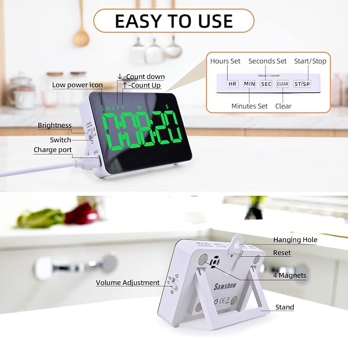 Samshow Rechargeable Digital Kitchen Timer, Green, 5 Inch | Countdown/Up, 3 Adjustable Brightness, 4 Adjustable Volume , 5" LED Display, Magnetic, For Classroom/Office/Home/Work/Game