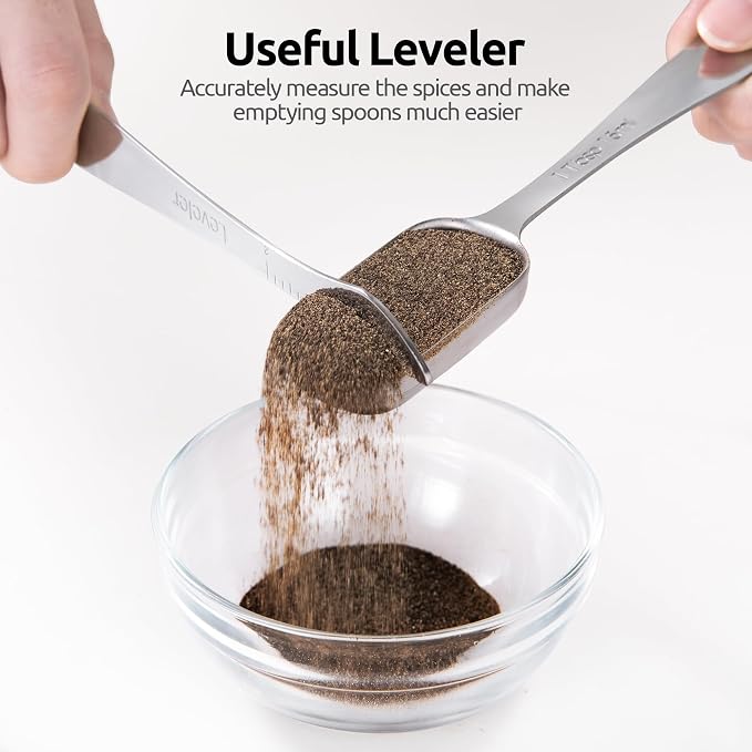 U-Taste Narrow Square Measuring Spoons, Metal Measure Set of 7 with Leveler | Long Handle Rectangular Teaspoon Tablespoon, 18/8 Stainless Steel Polygons Measure Spoon Set, Narrow Scoop for Spice Jars