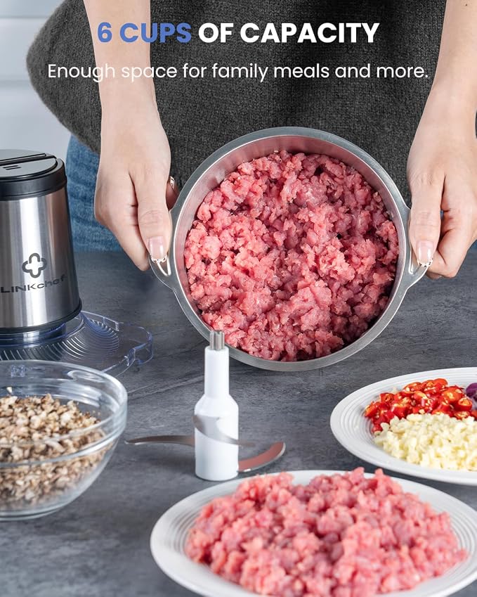 LINKChef Food Processor, 6 Cup Mini Food Chopper, 250W Electric Meat Grinder with Stainless Steel Blades, 1.5L Compact Kitchen Processor for Meat, Vegetables, Onion, Garlic & Baby Food