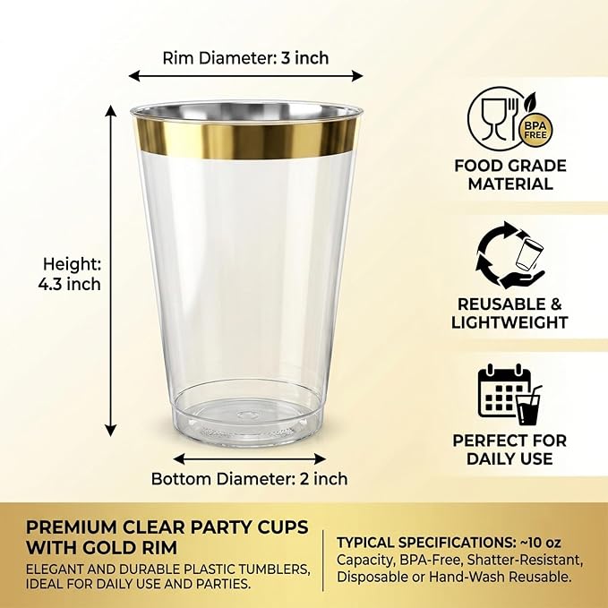 Byvivace 12OZ Plastic Cups with Gold Rimmed Sturdy & Food Safe Disposable Wine Glasses Weeding Party Cups Disposable Drinking Cups Plastic Cocktail Glasses for Wine, Juice & Cold Beverages [200 Pack]