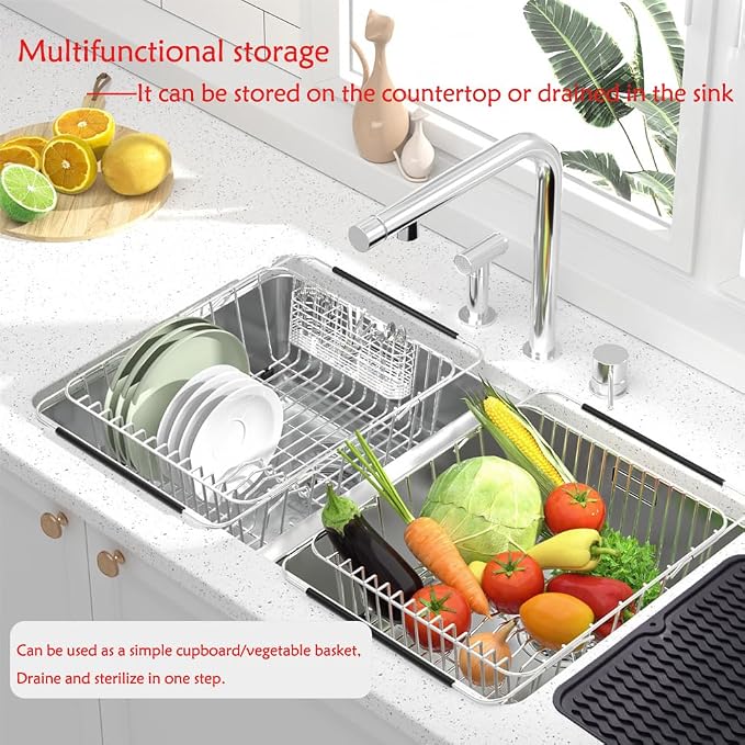 NiuYichee Stainless Steel Dish Drying Rack(14.2" L x 9.5" W x 4.1" H), Expandable Fruit & Vegetable Drain Rack Over Sink, Dish Drainer Rack in Sink, with Utensil Holder & 16" Silicone Mat