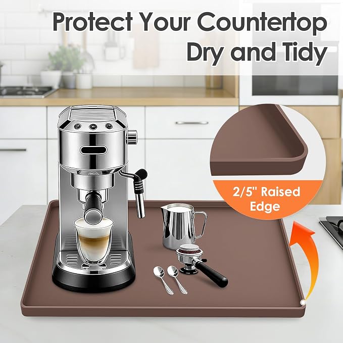 Silicone Coffee Maker Mat with Lip for Countertops, 15.7'' x 11.8'', Brown | Multi leak-proof coffee tray for countertop, non-slip silicone mat fits most coffee makers & espresso machines, wipe-clean