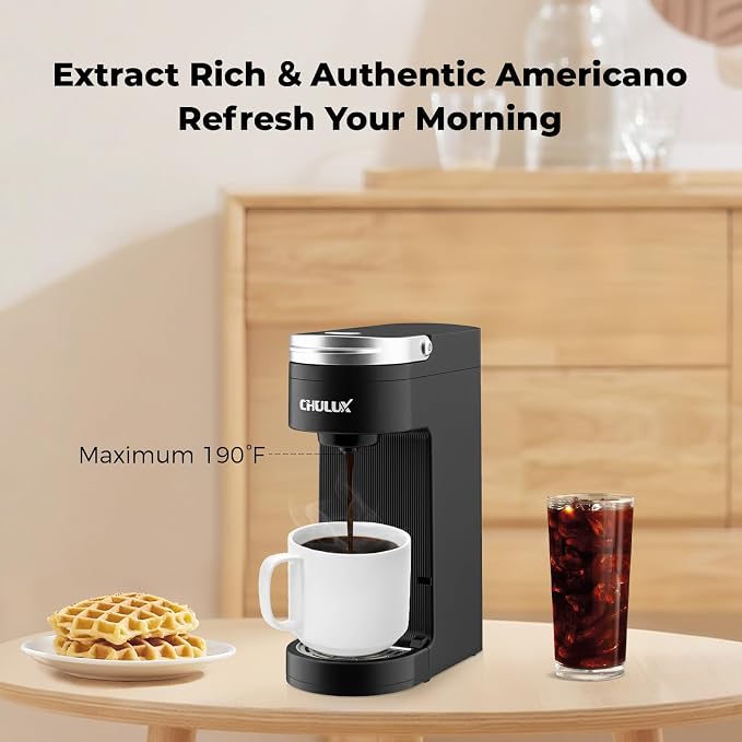 CHULUX Slim Single Serve Coffee Maker for K Cup, Fast Brewing, Matte Black | Rapid-Heating Boiler Tech, 4-Hole Needle for Richer Flavor, Adjustable Drip Tray for 7.3" Travel Mug, Food Grade Material