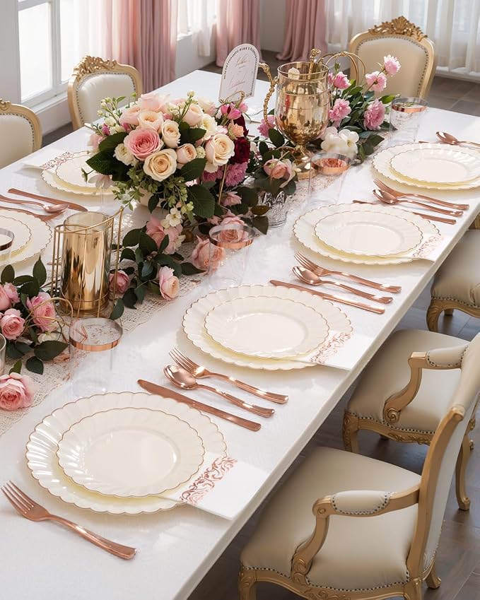 YOUBET 175PCS Ivory Scalloped Plastic Plates with Rose Gold Rim for Party | Rose Gold Disposable Dinnerware Set Include 50 Plates, 75 Rose Gold Silverware, 25 Cups, 25 Napkins for Wedding Baby Shower
