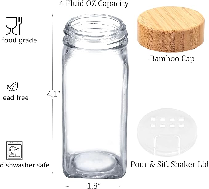 SWOMMOLY 24 Pcs Spice Jars with Labels, 4 oz Glass Jars with Bamboo Lids | Square Spice Bottles with Shaker Lids, 366 White Labels, Chalk Marker, Funnel- Spice Containers for Racks, Cabinets, Drawers