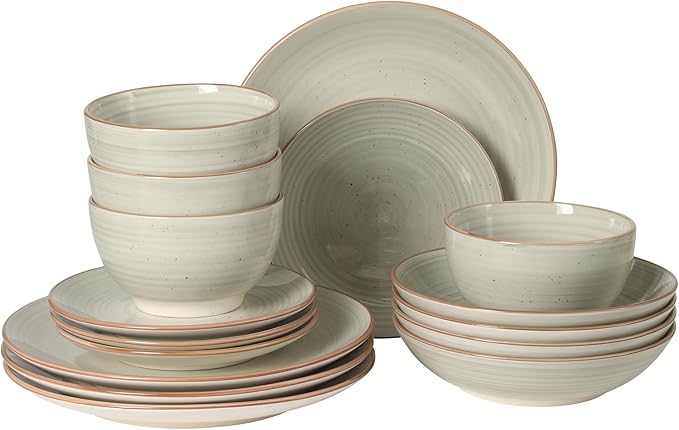 Gibson Home Stonebury 16 Piece Plates and Bowls Cream Grey Dishes - Handpainted Stoneware Dinnerware Set - Service for 4
