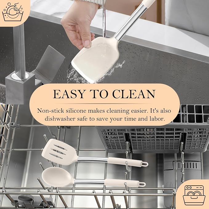 TeamFar Kitchen Utensils, 4 PCS Silicone Cooking Utensils Spatula Spoon Set | with Stainless Steel Handle, for Frying Mixing Draining Turning, Healthy & Heat-proof, Non-stick & Dishwasher Safe - Khaki