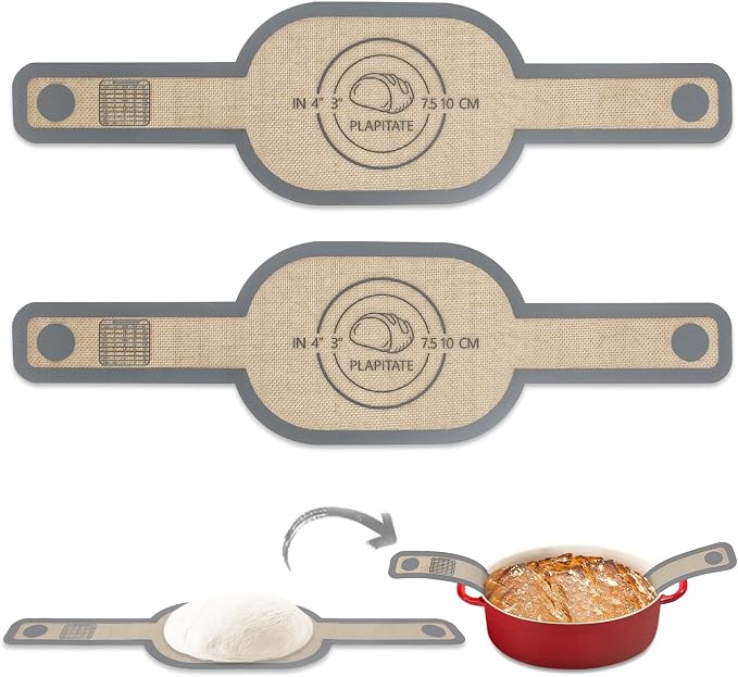 PLAPITATE Silicone Bread Sling Dutch Oven Liner, Non-Stick & Easy Clean Reusable Oval Silicone Baking Mat with Long Handles, Easy to Transfer Sourdough - 2 Gray Set