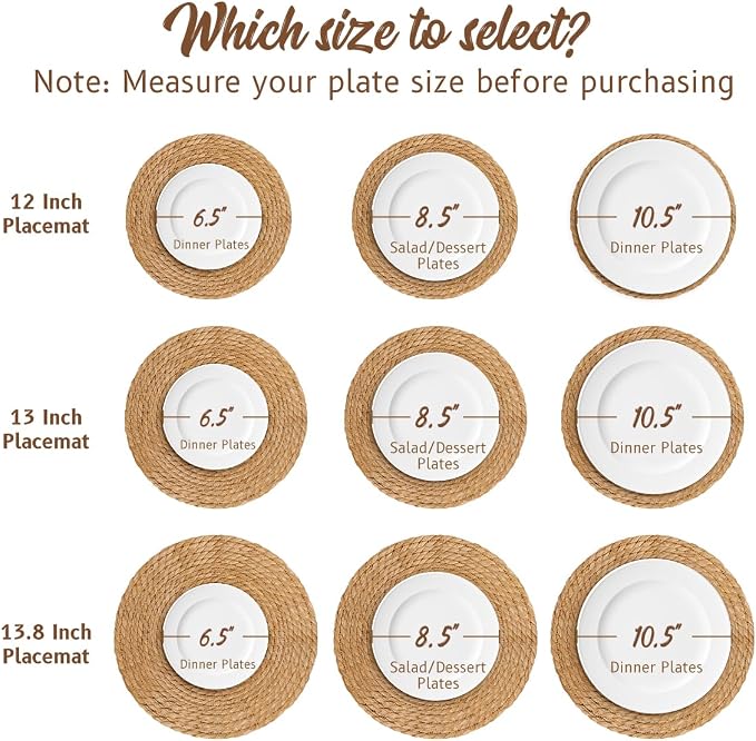 BAVIFY 13.8" Round Woven Placemats Set of 6, Table Mats for Dining Table | 13.8 Inch Place Mats Set of 6, Wicker Plate Chargers for Dinner Plates, Boho Farmhouse Rustic Mat for Dining Table Decor