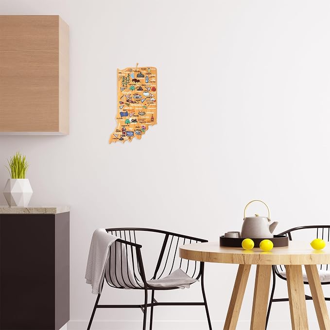 Totally Bamboo Indiana State Shaped Cutting Board, Art by Fish Kiss | State charcuterie board with colorful hand-drawn map artwork. Smooth reverse side for food prep. Hang tie for wall display.