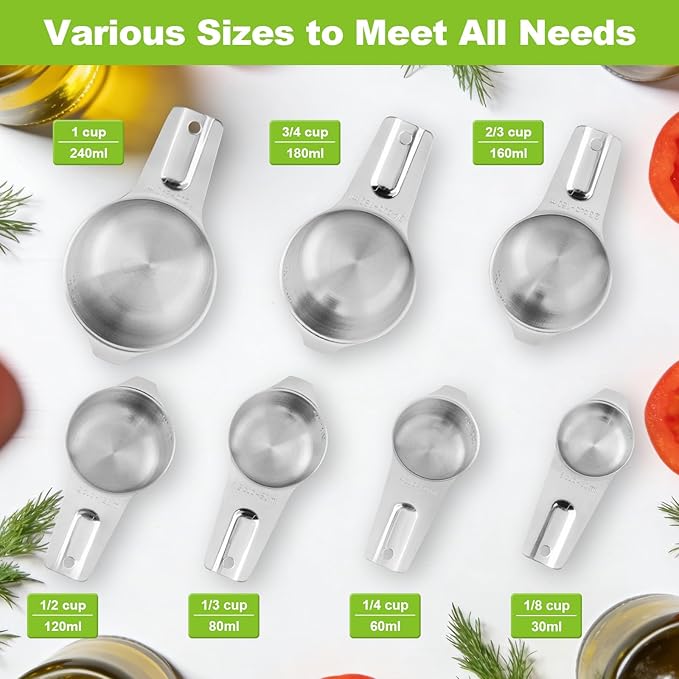 Stainless Steel Measuring Cups Set of 7, Stackable Measure Cups Kitchen Gadgets for Cooking Baking Supplies Tools, Nesting Metal Cup Spoons Easy to Read Markings for Dry & Liquid Measurements Baker