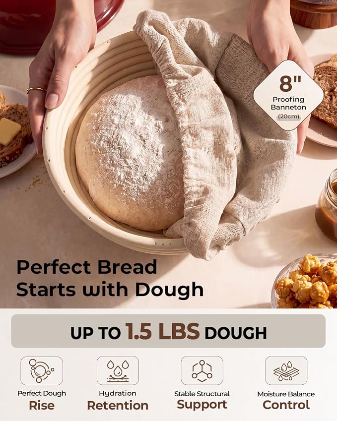 5QT Enameled Cast Iron Sourdough Bread Oven & Starter Kit, Red | Tight-fitting Dome Lid Helps Retain Steam, Baking Kit Supports Proofing, Scoring & Dough Transfer, Complete Artisan Bread Set