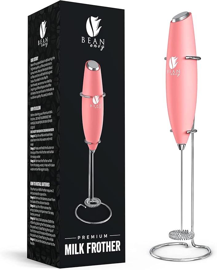 Bean Envy Milk Frother Handheld - Coffee Mixer Wand with Stand - Rose Pink | Battery Operated, Stainless Steel Whisk, 19000 RPM, Protein Powder Blender, Electric Stirrer, Mini Foamer