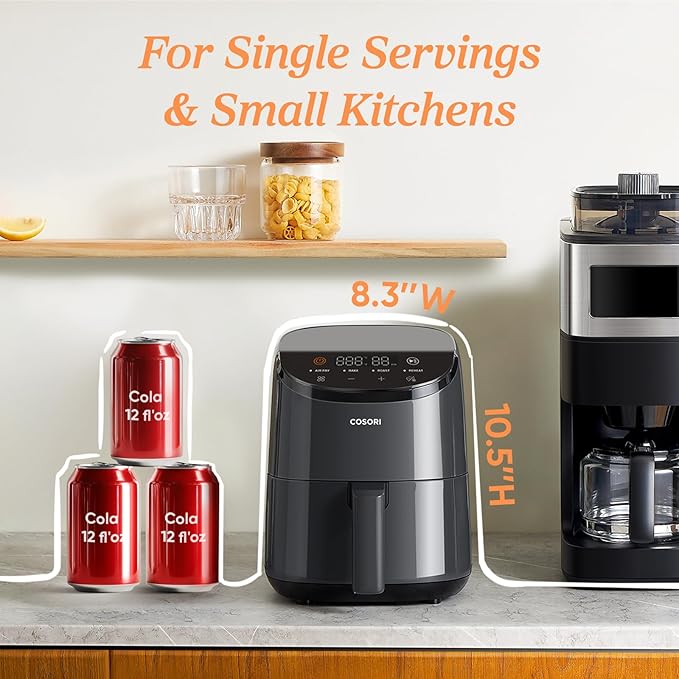 Cosori Lite 2.1 Qt Small Air Fryer, Ceramic Coating, 4-in-1, 97% less oil | Ideal for dorms, apartment, RVs, Quiet, Touch control, Air Fry, Bake, Roast, Reheat, Dishwasher-Safe Basket, Max 400℉