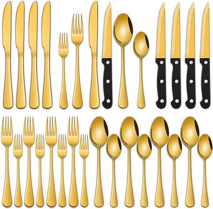 24-Piece Gold Silverware Set with Steak Knives,Golden Flatware Sets Service For 4 Person For Home,Party,Restaurant,Durable Cutlery Sets,Includes Knife Spoon and Forks Sets