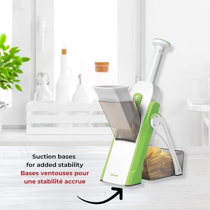 Starfrit Pump'n'Slice Vertical Mandoline, Food Slicer & Chopper, Safe | Safe enclosed blades. Adjustable slicing. Julienne & dice. Ideal for fruits & vegetables. Folds for storage.