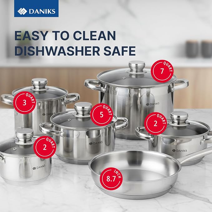 Daniks Standard 11-Piece Stainless Steel Cookware Set with Glass Lids, Includes Saucepan with Lid and Frying Pan, Tri-Ply Bases for Even Heating, Induction Compatible, Dishwasher Safe, Silver