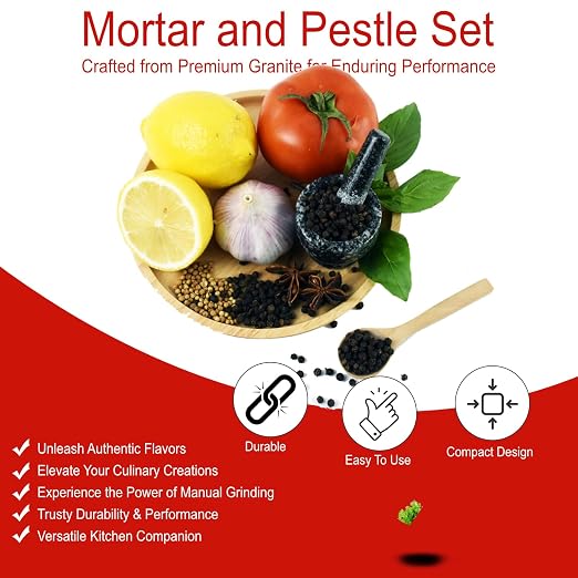 Tiny Granite Mortar and Pestle Set, Miniature Grinder for Herbs, Asian Spices and Seeds for Thai, Chinese, Indian Cuisine Chefs and Home Cooks