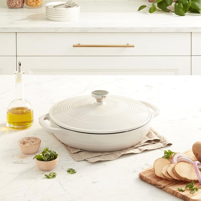 Lodge Essential Enamel Braiser - Refrigerator- & Oven-Safe up to 500° F - Heat-Retaining, Induction-Safe & PFAS-Free Enamel Cookware - 3.6 Quart, Oyster White
