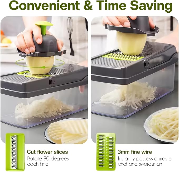 Vegetable Chopper, 16-in-1 Food Slicer, Onion Chopper, Mandoline Vegetable Slicer, Cutter, Spiralizer, 8 Stainless Steel Blades, Includes a Food Storage for Kitchen