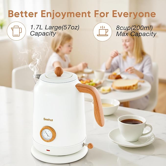 Seehot® Electric Kettle With Thermometer, 1.7L 1200W, White | Auto shutoff, boil-dry protection,water-contact stainless steel, cordless base for coffee and tea
