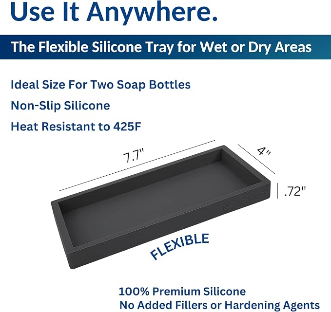 Countertop & Vanity Silicone Tray - Small 7.7" Kitchen Soap Tray | Kitchen Sink Soap Tray, Dish Soap Tray for Kitchen Counter, Bathroom Tray, Silicone Soap Dispenser Tray & Sponge Holder