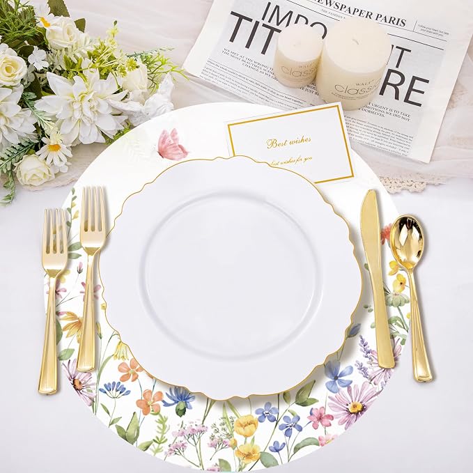 50PCS Spring Floral Placemats Disposable Wildflower Paper Placemats Summer Round Table Mats for Birthday Wedding Anniversary Bride Party Supplies
