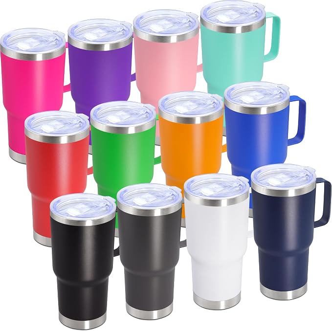20 oz Tumbler with Handle Coffee Tumblers with Lid Travel Mug Mix 12P | 20oz Tumblers with Handle Double-Wall Insulated Vacuum Coffee Mugs Stainless Steel Tumbler with Handles&Lid Mix 12P