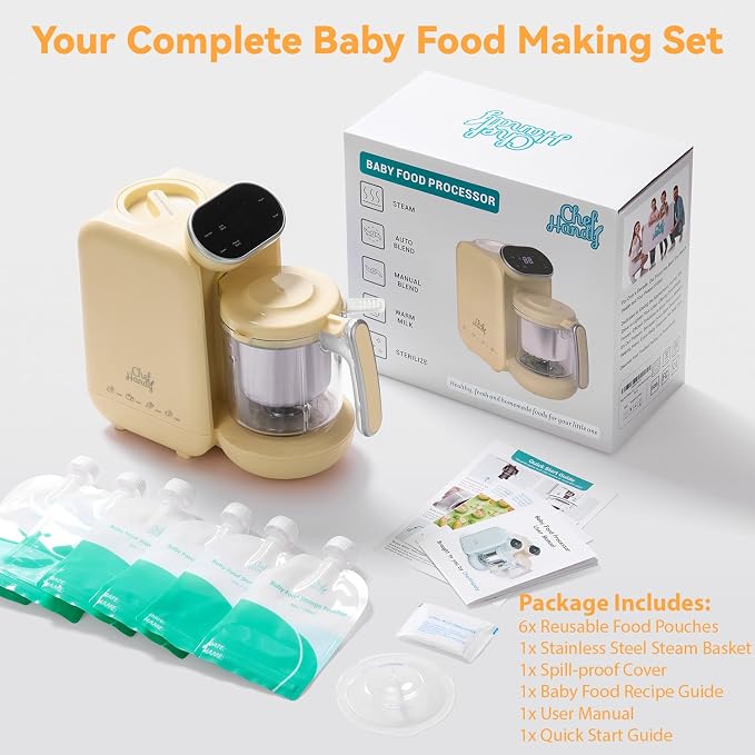Chefhandy Baby Food Maker, One-Step Steamer & Blender, Yellow | Stainless steel basket, BPA-free food-contact parts, Adjustable texture, Homemade baby meals, 6 food pouches, Recipe guide