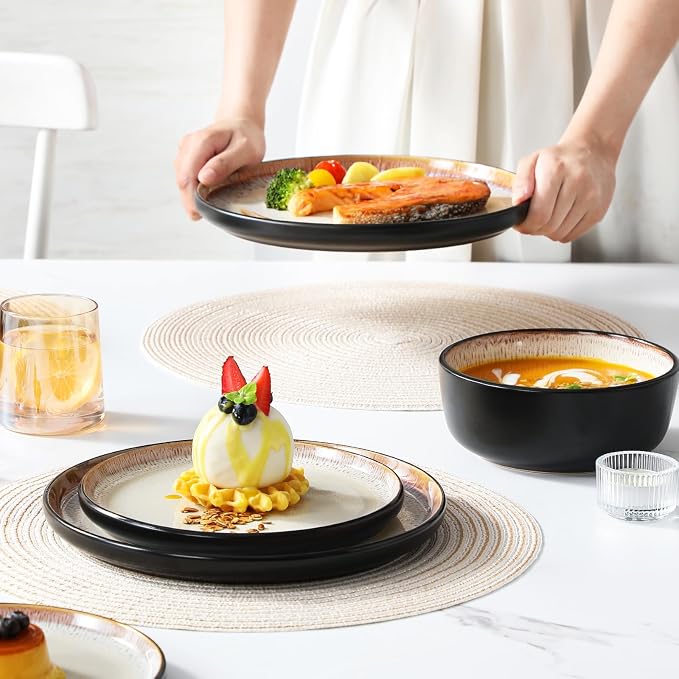 vancasso Plates and Bowls Sets, Ceramic Dinnerware Sets Stoneware Kitchen Dishes Dishware Mircowave and Dishwasher Safe, 18 Pieces, Oyster White