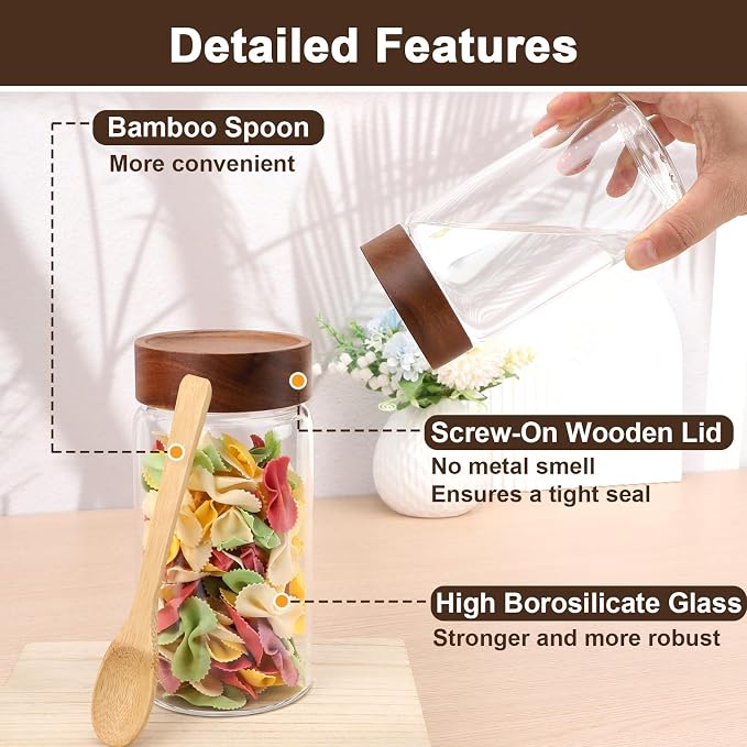 Glass Jars with Airtight Lid, 4 Pack 19oz Glass Jars with Wood Lids, Screw Top Kitchen Panrty Storage Canister for Sugar, Coffee, Tea, Oat, Cereal, Candy, Cookie - 3.1 x 5.9 inch Spice Bottle