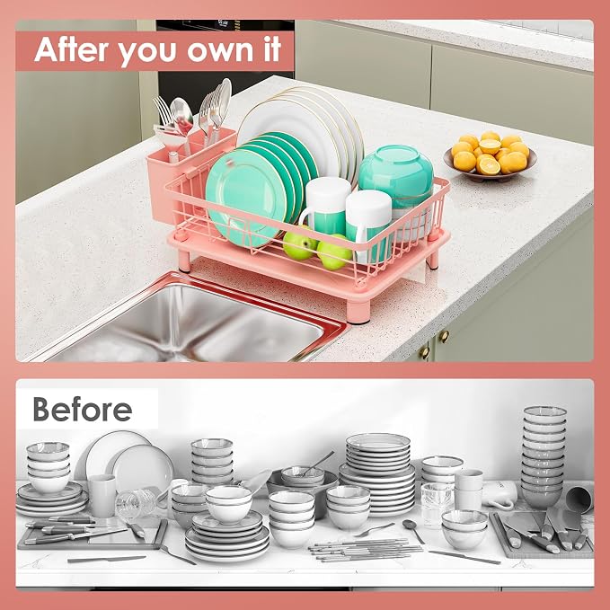 Dish Drying Rack, Stainless Steel-Dish Rack, Dish Racks for Kitchen Counter, Kitchen Dish Drainers with Removable Utensil Holder,New Drain Outlet,Plate Rack and Drainboard,(Pink-11 W x 15" L)