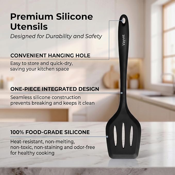 Vayvnt Kitchen Utensils Set, 10PCS Silicone Utensils Set for Cooking, Black | Non Toxic, One-piece Silicone, Non Scratch on Pot and Pans, Heat Resistant to 480℉, Food Grade Spoon Whisk, Dishwasher Safe