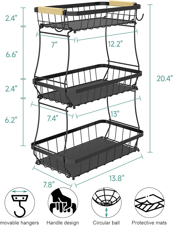 3-Tier Fruit Basket with Banana Hangers, Detachable Metal Bowl | Wooden handle, protective mats included. Versatile holder for bread, snacks, and veggies. Large 3 tier metal design.