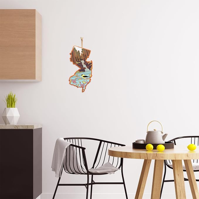 Totally Bamboo New Jersey State Shaped Cutting Board, Summer Stokes Art | State charcuterie board with colorful hand-drawn landscape art. Smooth reverse side for food prep. Hang tie for wall display.