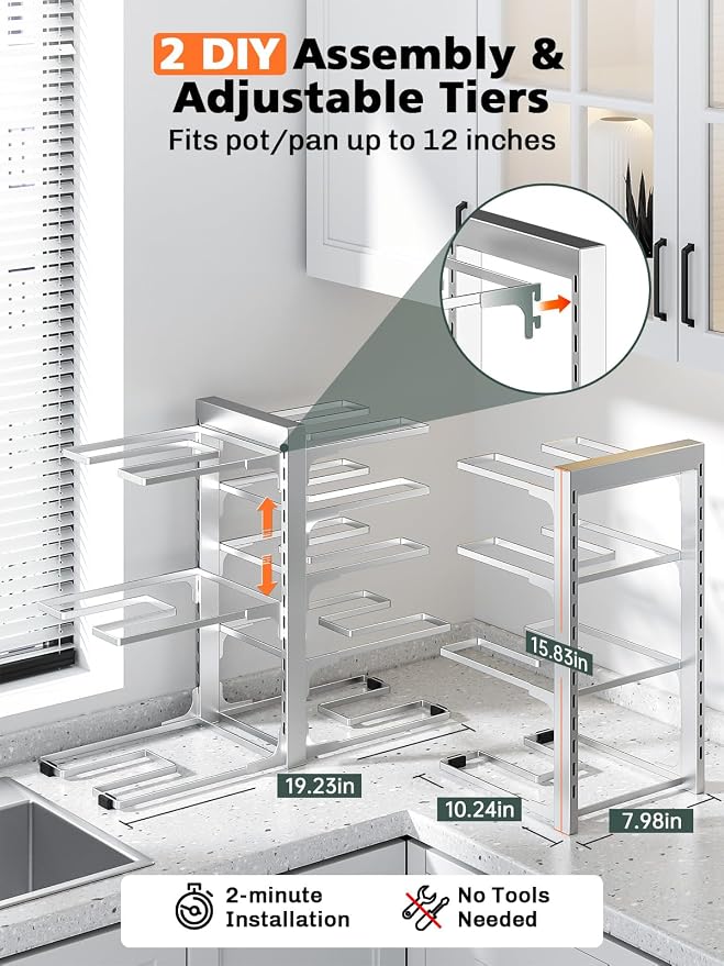 MUDEELA 8-Tier Heavy Duty Pots and Pans Organizer, 15.83" H Sliver | Adjustable pot rack, Holds frying pans and cast iron skillets, Heavy-duty steel. Fits under cabinet, Easy Assembly