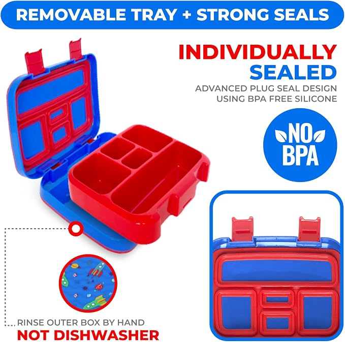 kinsho Bento Lunch Box Container for Small Kids, Boys, (Blue Space Rockets) | 5 Portion Sections, BPA-Free Spill-Proof Leakproof Removable Plastic Tray, Snacks and Lunches for Toddlers Pre-School Daycare