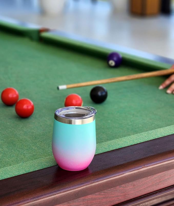 CHILLOUT LIFE 12 oz Stainless Steel Wine Tumbler with Lid - Double Wall Vacuum Insulated Wine Cup Glass Keeping Cold & Hot for Coffee, Champagne, Cocktails, Ice Cream - Powder Coated Aqua Blue/Pink