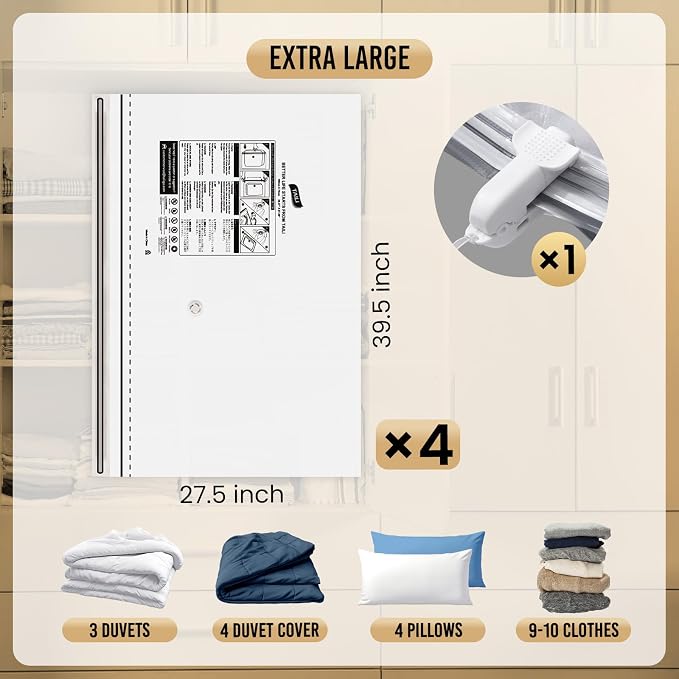 TAILI 4 Pack Vacuum Storage Bags, Jumbo LONG SIDE ZIP(39x28 inch), Clear | Vacuum Seal Bags for Clothing, Space Saver for Beddings, Comforters, Blankets, Pillows