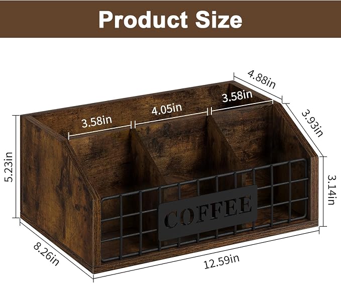 YINMIT Coffee Station Organizer for Countertop, Wood Coffee Bar Organizer with Removable Dividers for Pods, Syrup, Cups, Stirrer, Tea - Office Bar Accessories, Iron Wire-Vintage Brown