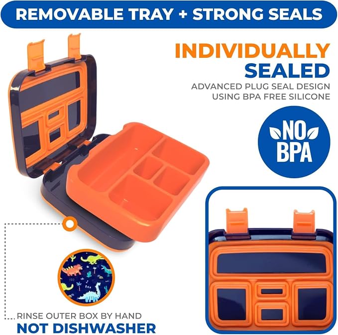 kinsho Bento Lunch Box Container for Kids Boys, 2 Pack (Dinosaur + Rocket) | 5 Portion Sections, BPA-Free Spill-Proof Leakproof Removable Plastic Tray, Snacks and Lunches for Toddlers Pre-School Daycare