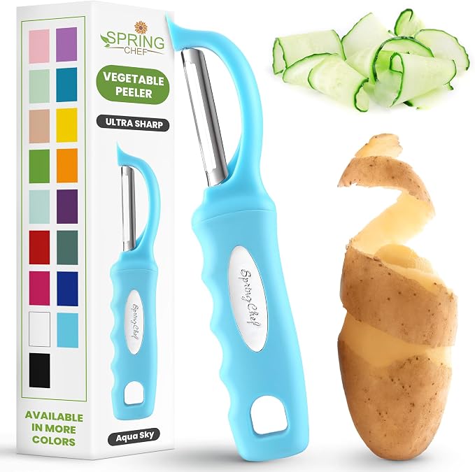 Spring Chef Swivel Potato Peeler for Kitchen w/Soft Grip Handle, Aqua Sky | Premium Vegetable Peeler w/ Sharp Stainless Steel Blades, Multifunctional Food Peeler for Apple, Carrot, Cucumber, Fruit