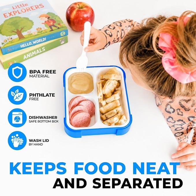 kinsho Bento Boxes for Kids, Lunch Box Set For Boys Girls Toddlers, Leak Proof 3 Compartment Meal or Snack Containers Perfect for School Travel Work, BPA Free. Blue Orange 2 Pack Medium - Small